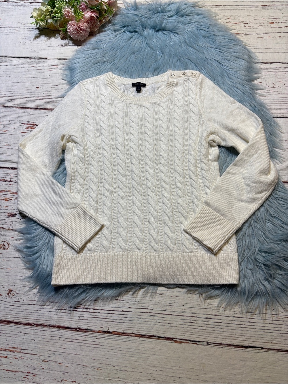 Talbots White Cable Knit Button Shoulder Sweater sz S
